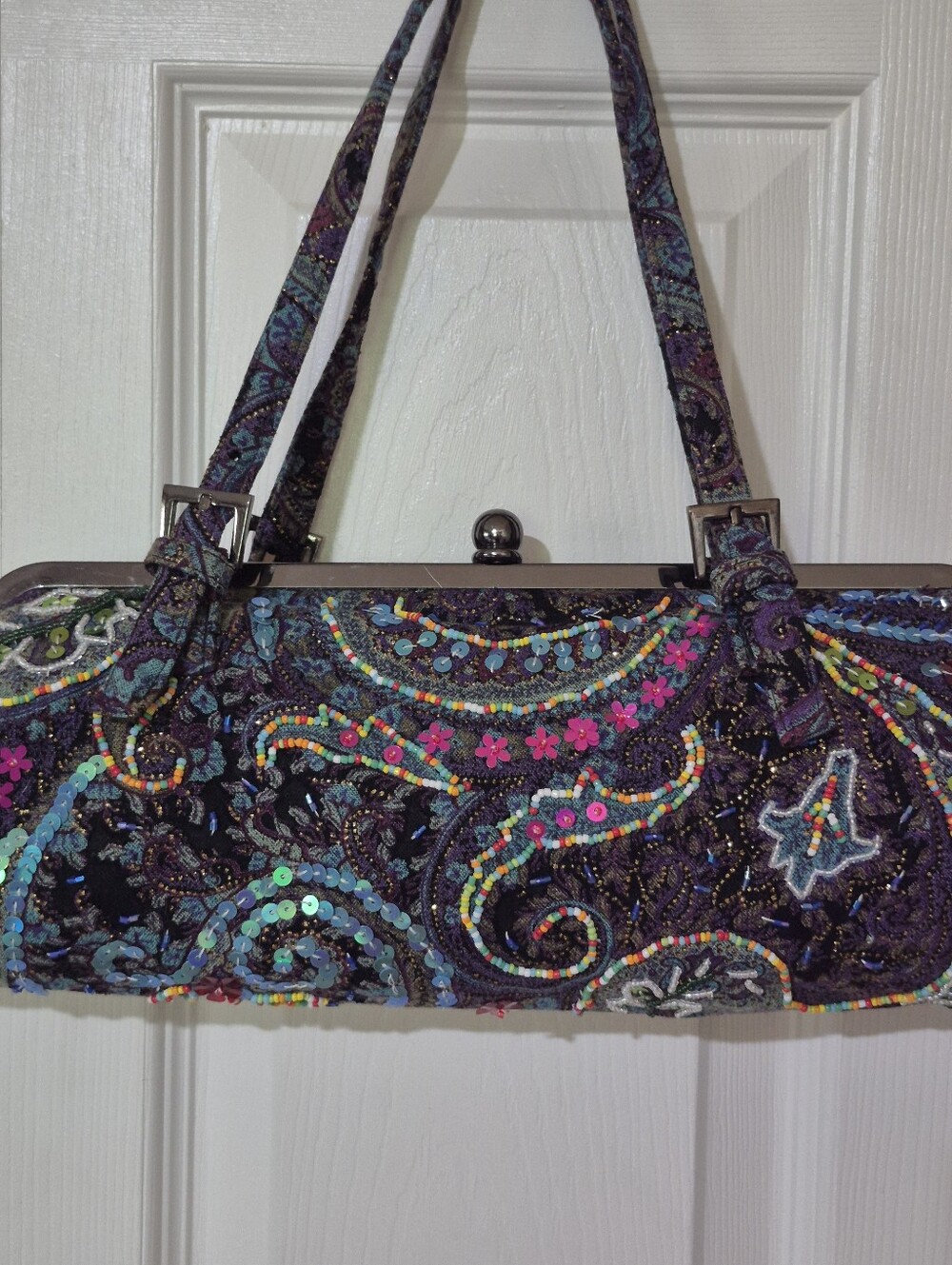 Paisley Purple Beaded And Sequined Kisslock Clasp Bag - Picture 3 of 13